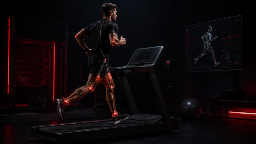Athlete running on a treadmill with biomechanics analysis