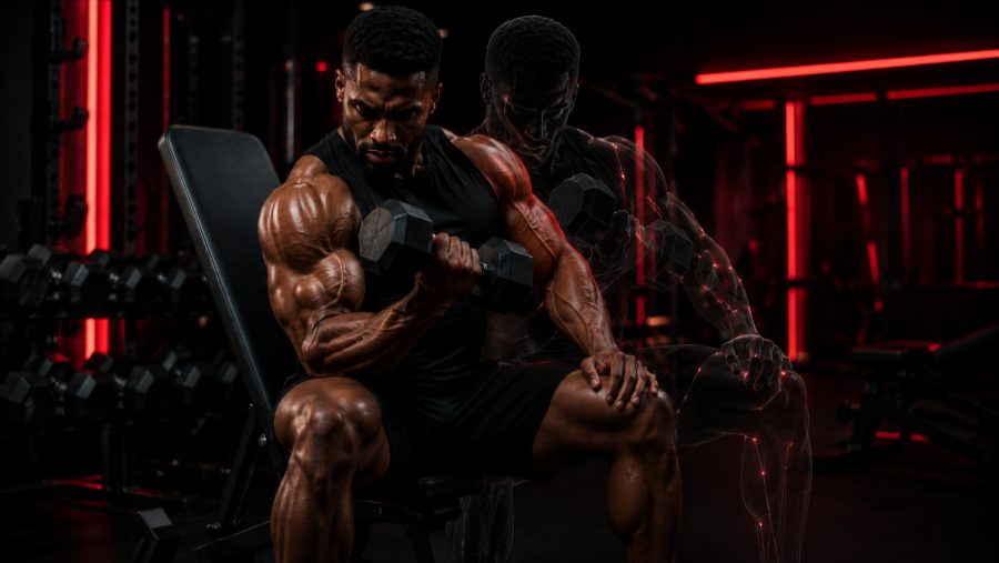 Man training biceps with dumbbells in a gym
