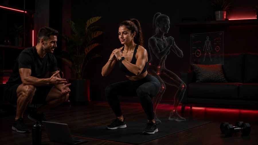 Trainer guiding a client through a squat with a projected Digital Twin