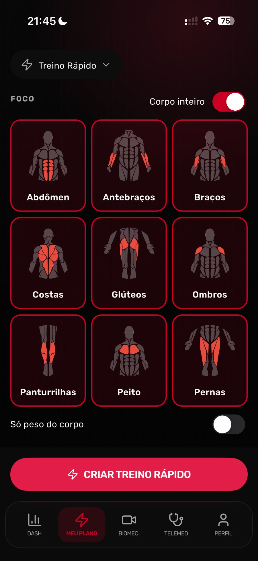Tela do módulo GYM, etapa 2